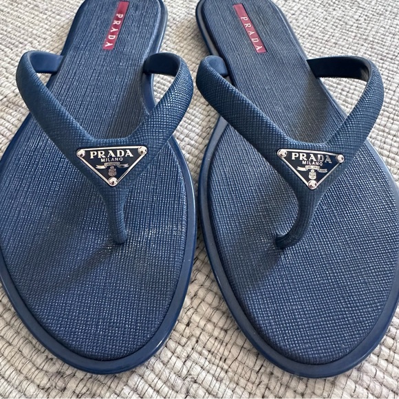 Authentic Prada Saffiano Rubber Flip Flop Thong Metal Logo (with box). Worn 1x - Picture 6 of 14